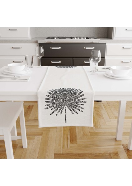 Dijital Baskılı Runner 140X40 cm / Bohem Antrasit - Beyaz
