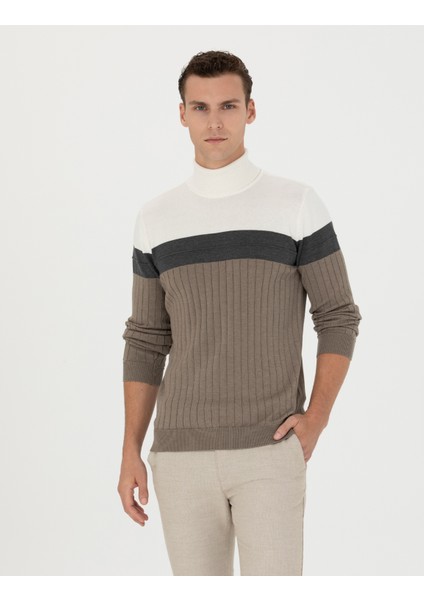 Erkek Vizon Melanj Slim Fit Balıkçı Yaka Triko Kazak 50279430-VR174