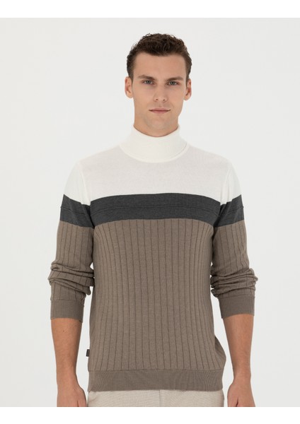 Erkek Vizon Melanj Slim Fit Balıkçı Yaka Triko Kazak 50279430-VR174 modelleri