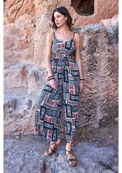 23065 Kadın Etnik Desen Ip Askılı Tulum-Lacivert