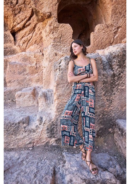 23065 Kadın Etnik Desen Ip Askılı Tulum-Lacivert fiyatları