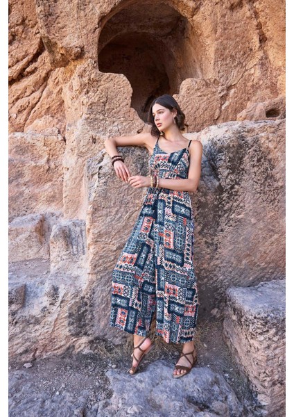 23065 Kadın Etnik Desen Ip Askılı Tulum-Lacivert modelleri