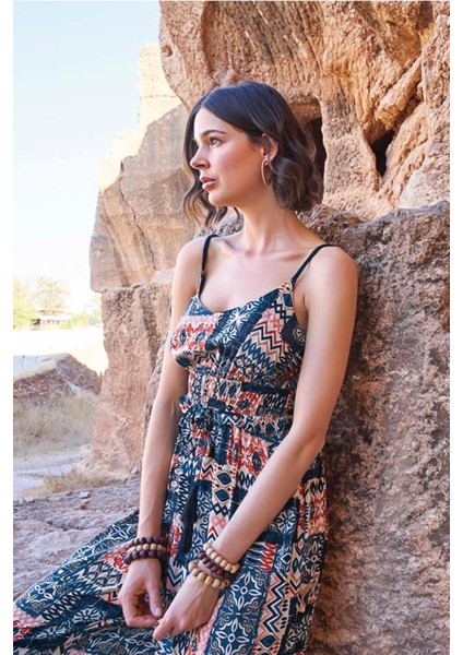 23065 Kadın Etnik Desen Ip Askılı Tulum-Lacivert fırsatları