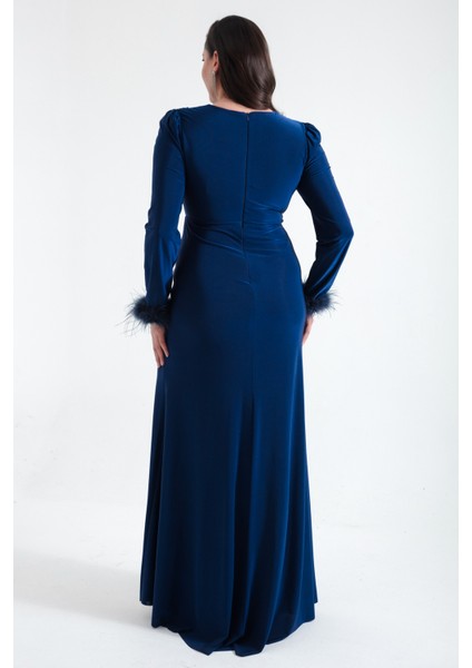 Kadın Lacivert Kruvaze Yakalı Kolları Tüylü Yırtmaçlı Büyük Beden Abiye indirimleri