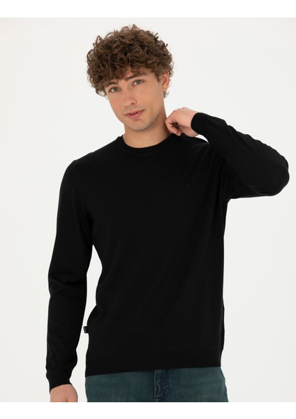 Erkek Siyah Slim Fit Bisiklet Yaka Yün Karışımlı Basic Triko Kazak 50270054-VR046