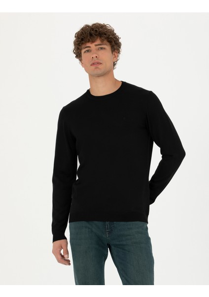 Erkek Siyah Slim Fit Bisiklet Yaka Yün Karışımlı Basic Triko Kazak 50270054-VR046 fiyatları