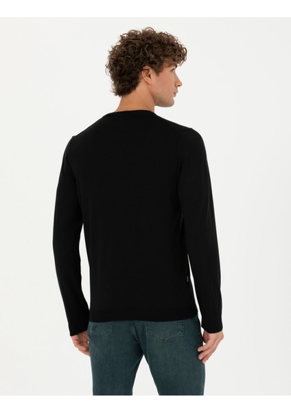 Erkek Siyah Slim Fit Bisiklet Yaka Yün Karışımlı Basic Triko Kazak 50270054-VR046 fırsatları