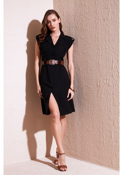 Regular Fit Kemerli V Yaka Elbise Bayan Elbise 611EL364