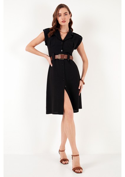 Regular Fit Kemerli V Yaka Elbise Bayan Elbise 611EL364 fırsatları