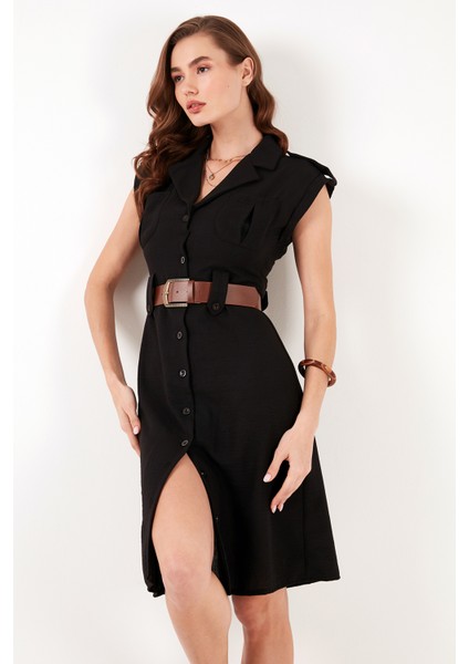 Regular Fit Kemerli V Yaka Elbise Bayan Elbise 611EL364 indirimleri