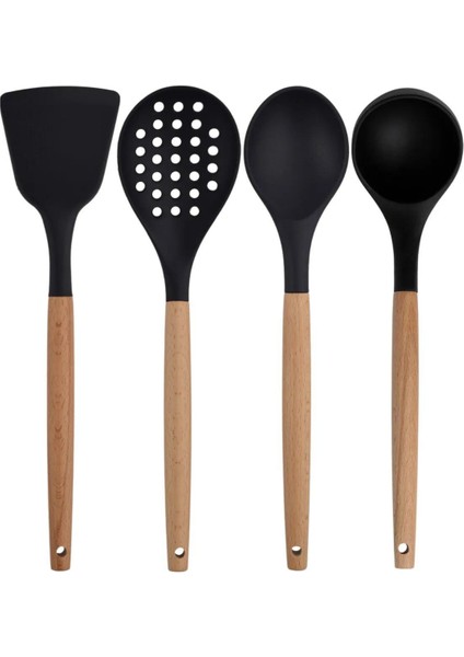 Siyah Bambu Silikon Servis Set - Kepçe Kaşık Kevgir, Makarna, Açılı Düz Spatula, Silikon Maşa 7 Adet