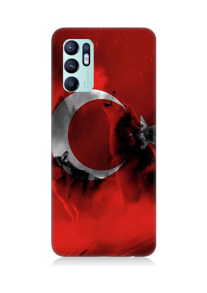 Oppo Reno 6 Uyumlu Türk Bayrağı ve Kurt Desenli Silikon Kılıf