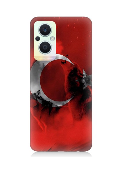 Oppo Reno 7 Lite Uyumlu Türk Bayrağı ve Kurt Desenli Silikon Kılıf