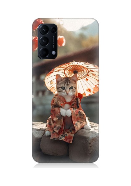 Oppo Reno 5 Pro Uyumlu Geyşa Kıyafetli Kedi Desenli Silikon Kılıf