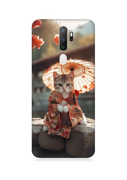 Oppo A5 2020 Uyumlu Geyşa Kıyafetli Kedi Desenli Silikon Kılıf