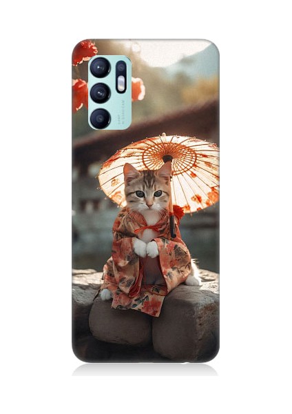 Oppo Reno 6 Uyumlu Geyşa Kıyafetli Kedi Desenli Silikon Kılıf