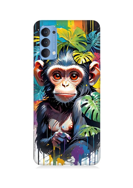 Oppo Reno 4 Uyumlu Sevimli Maymun ve Yapraklar Desenli Silikon Kılıf