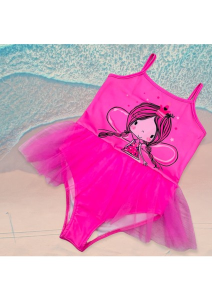 Kız Çocuk Balerin Melek Örgülü Şirin Prenses Baskı Detaylı Şeker Pembe Renk Tül Tütülü Mayo