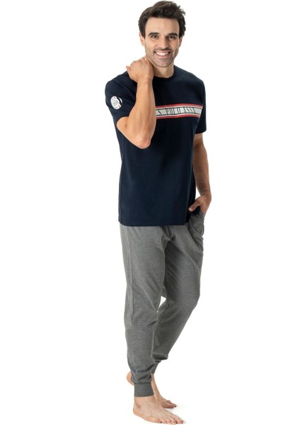 18788 Erkek Kısa Kollu Paçası Bantlı Pijama Takımı-Lacivert fiyatları