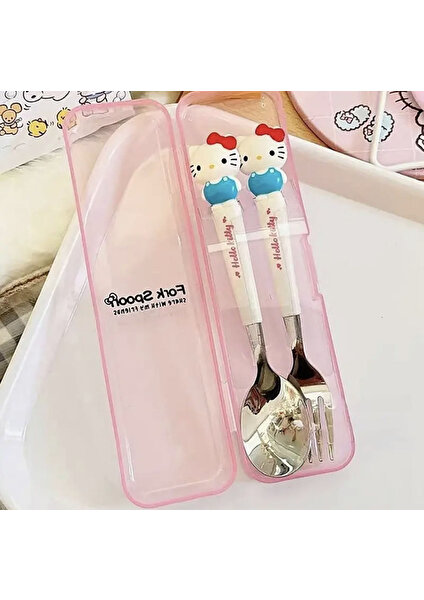 Syn İletişim Hello Kitty Sanrio Kore Kawai Kutulu Çatal Kaşık Set Beslenme