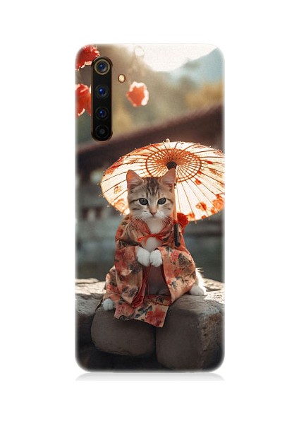 Realme 6 Pro Uyumlu Geyşa Kıyafetli Kedi Desenli Silikon Kılıf