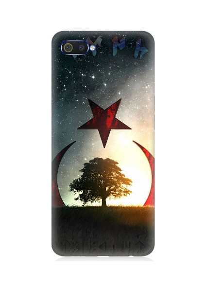 Realme C2 Uyumlu Göktürkçe Türk ve Ağaç Bayrak Desenli Silikon Kılıf