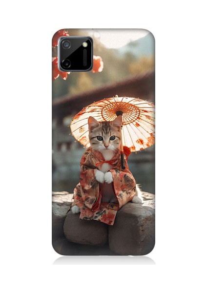 Realme C11 Uyumlu Geyşa Kıyafetli Kedi Desenli Silikon Kılıf