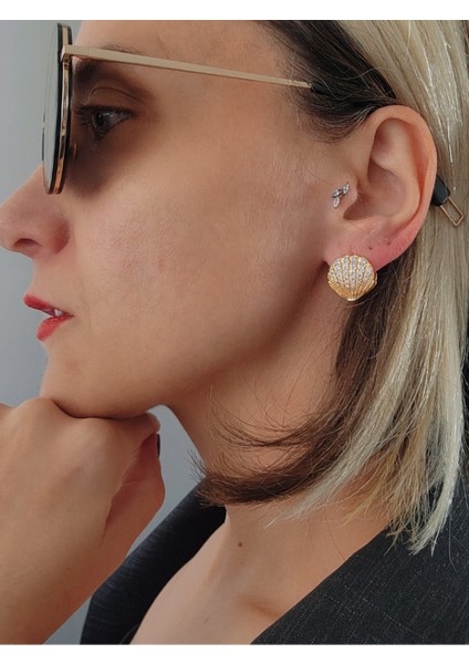 Midye Istiridye Figürlü Altın Kaplama Gold Renk Çelik Küpe
