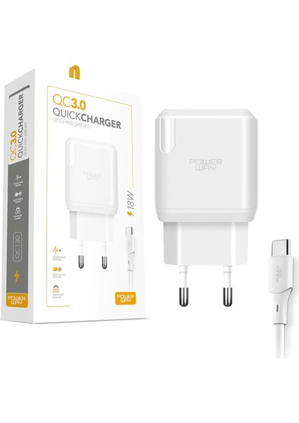 Powerway QCT30 18 Watt 3 Amper Type-C Kablolu Hızlı Şarj Cihazı Aleti