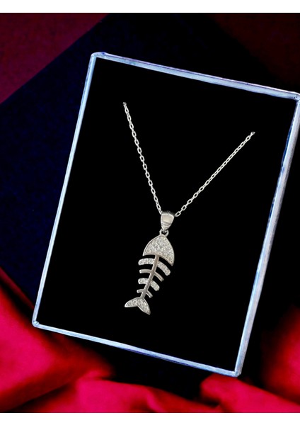 Alâ Silver Jewellery Balık Kılçığı Taşlı Tasarım 925 Ayar Gümüş Kolye