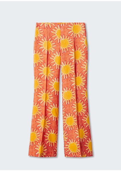 Baskılı Keten Geniş Paça Pantolon