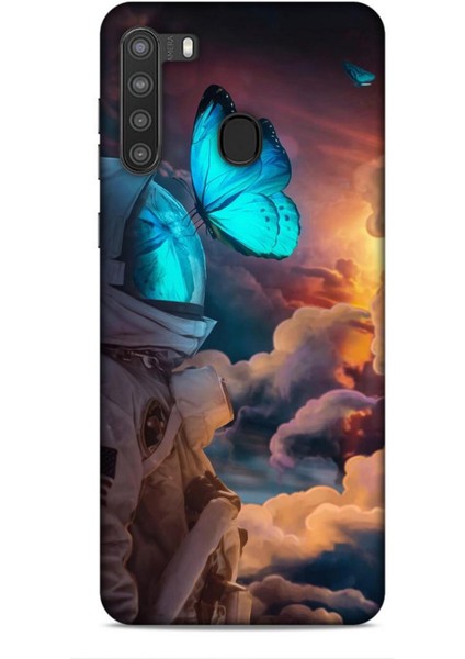 Samsung Galaxy A21 Kılıf Caliburn 4 Mavi Kelebek Silikon Kılıf