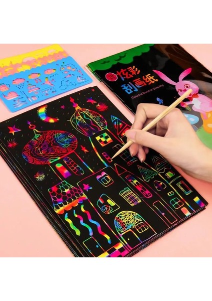 22RULER3PEN1GLUE1SMS Stili Sihirli Renk Gökkuşağı Scratch Sanat Kağıt Kartı Set Graffiti Stencil ile Çizim Sopa Dıy Sanat Boyama Oyuncak Çocuklar Hediye Gyh (Yurt Dışından)