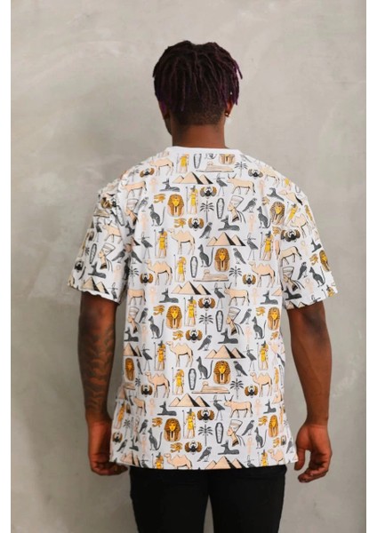 Unisex Oversize Baskılı Bisiklet Yaka T-Shirt - Beyaz fiyatları