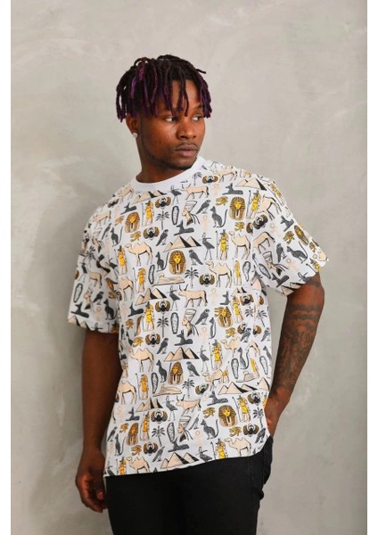 Unisex Oversize Baskılı Bisiklet Yaka T-Shirt - Beyaz
