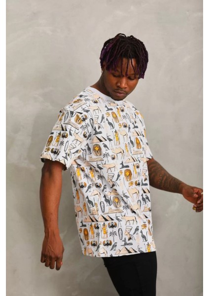 Unisex Oversize Baskılı Bisiklet Yaka T-Shirt - Beyaz indirimleri