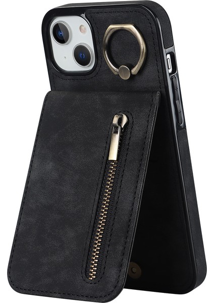 iPhone13/14 Için 6.1 Inç Telefon Kasası Rfıd Engelleme Cüzdan Retro Pu+Tpu Kickstand Cover-Black (Yurt Dışından)