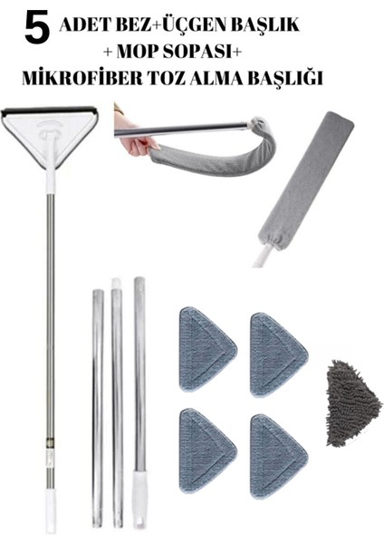 Set Üçgen Cam Duvar Yüzey Cam Silme Aparatı Mop Mikrofiber Toz Alma Başlık (5 Bezli)