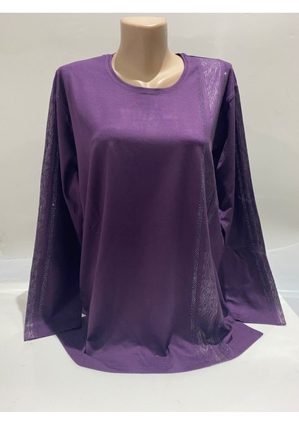 Rahat Kesim Önü ve Kolları Su Yolu Işlemeli Mor Anne Penye Bluz