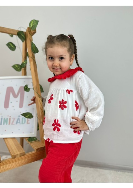 Çiçek Desenli Bebe Yaka Lüx Kalite Salaş Müslin Kız Bebek/çocuk Ikili Takım