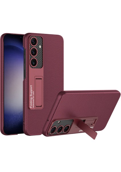 Samsung Galaxy S24 Uyumlu Karbon Fiber Suni Deri Görünümlü Standlı Lüks Telefon Kılıfı Kapak