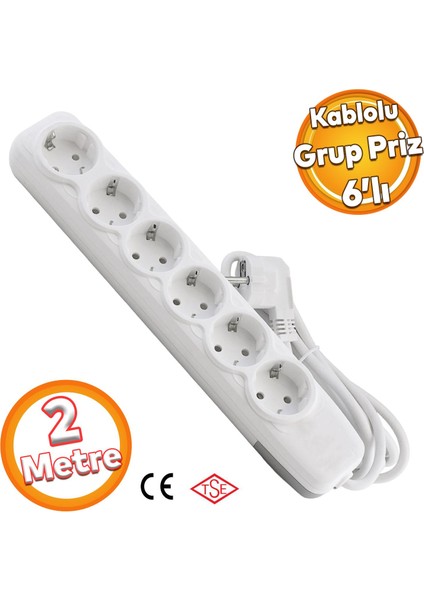 Kablolu 6'lı Topraklı Grup Priz Fiş Çoğaltıcı 2 Metre Çoklu Asmalı Uzatma Kablosu Anahtarsız