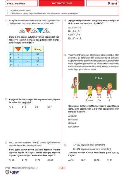 Ardışık Yayıncılık 6. Sınıf 2025 Bursluluk Deneme Sınavı 2025 Sınav Sistemine Uygundur