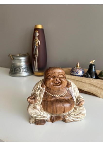 Ahşap Iki Renk Gülen Buda Heykelciği/feng Shui Şans ve Bereket Dekoru - 12 cm