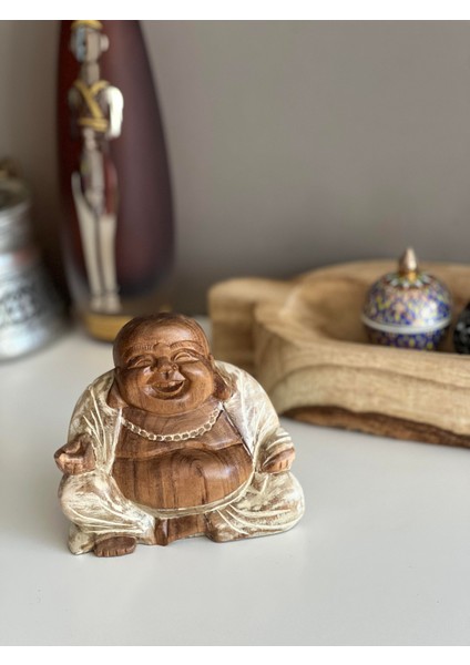 Ahşap Iki Renk Gülen Buda Heykelciği/feng Shui Şans ve Bereket Dekoru - 12 cm