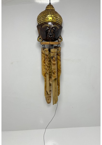 Bambu Rüzgar Çanı Buda Kafası Dekorlu - 40 cm