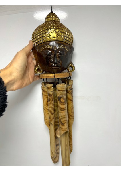 Bambu Rüzgar Çanı Buda Kafası Dekorlu - 40 cm