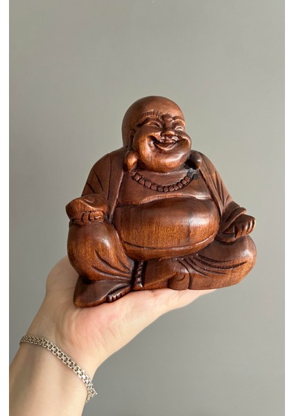 Ahşap Gülen Buda Heykelciği/feng Shui Şans ve Bereket Dekoru - 12 cm