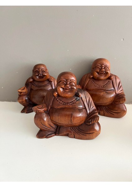 Ahşap Gülen Buda Heykelciği/feng Shui Şans ve Bereket Dekoru - 12 cm