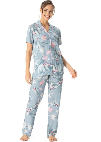 17047 Kadın Kısa Kollu Önden Düğmeli Pijama Takım-Mint
